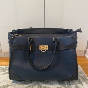 Classic Navy & Black Leather Tote with Gold Hardware